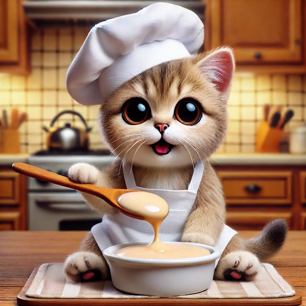 DALL·E 2025-02-24 16.57.48 - A realistic, super cute kitten with big, round eyes wearing a white chef hat, sitting in front of a small cat food bowl filled with smooth, light-colo CAT EATING HOMEMADE CAT FOOD