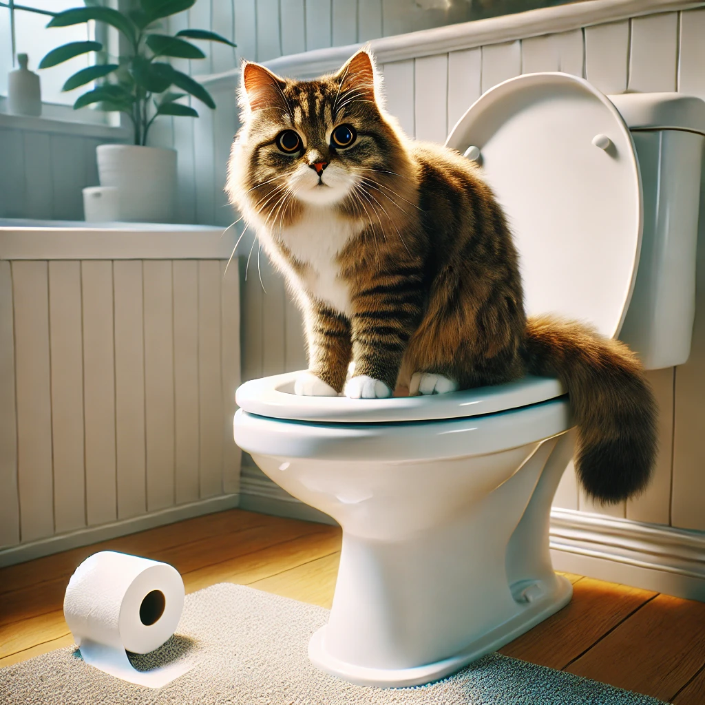 DALL·E 2025-03-21 15.21.39 - A highly realistic image of a cat sitting on a toilet in a bathroom, looking curious and slightly confused. The cat's fur is detailed and fluffy, and